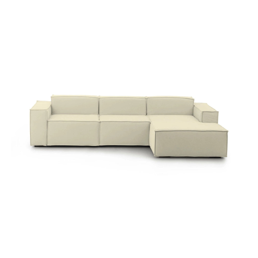 Divano fisso Ananas, Divano componibile a 3 posti con penisola destra, Made in Italy, SofÒ  moderno in tessuto, Cm 300x170h70, Beige