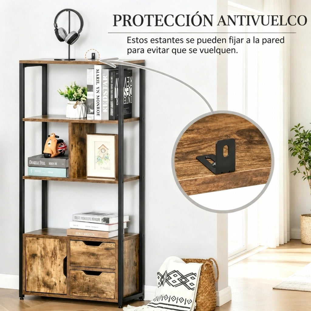 Libreria 58x24x122 cm nera e legno， con vano aperto e chiuso