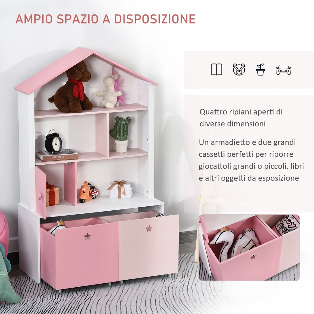 Libreria Scaffale Portagiochi Rosa per Cameretta Bimbi e Ragazzi con 2 Cassetti Estraibili, 80 x 34 x 130 cm