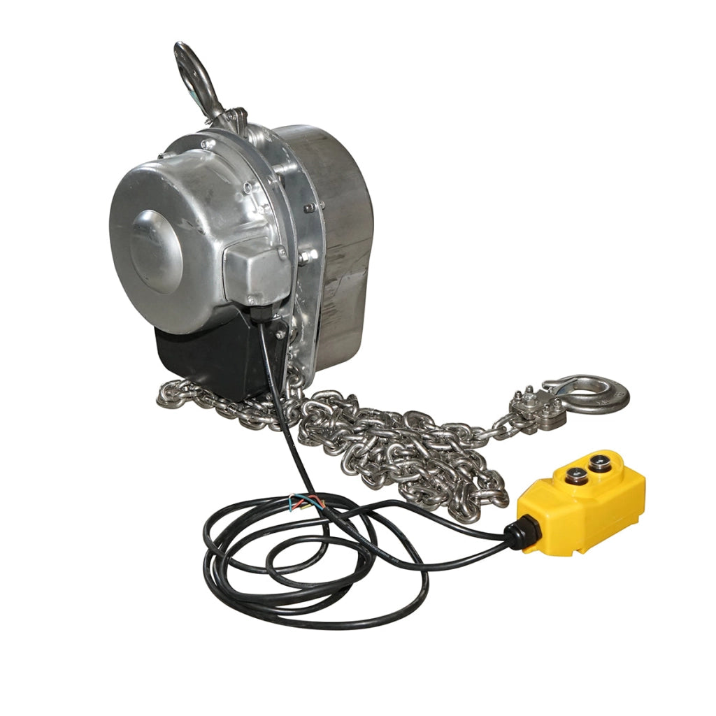 Paranco elettrico in acciaio inox 380V, 500W con catena da 3 m, carico massimo 1000 kg, gancio di sicurezza Breckner Germany