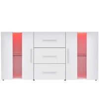 Credenza Moderna con LED Multicolore, 3 Cassetti e 2 Armadietti, Ampio Spazio, per Soggiorno e Cucina, 140x35x70 cm, Bianco