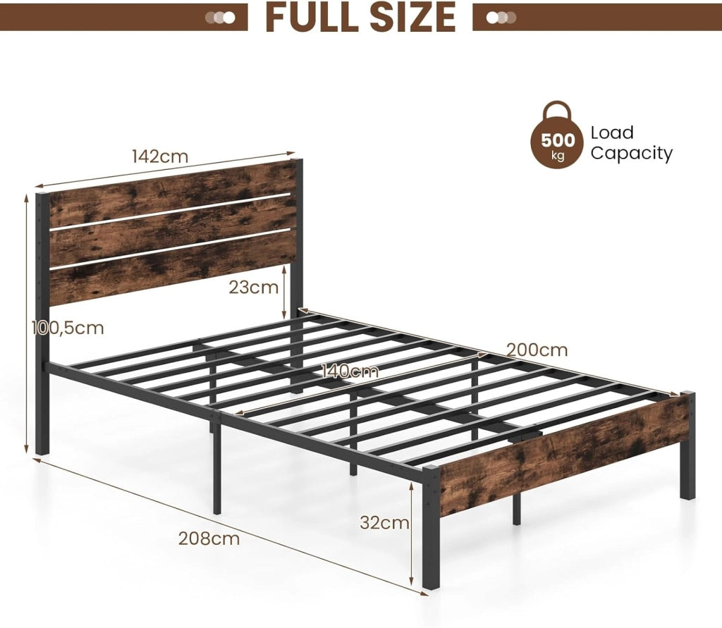 Telaio letto per materasso 140 x 200 cm, letto in metallo con rete a doghe, telaio del letto con testiera, letto matrimoniale industriale, in metallo e legno, letto per gli ospiti