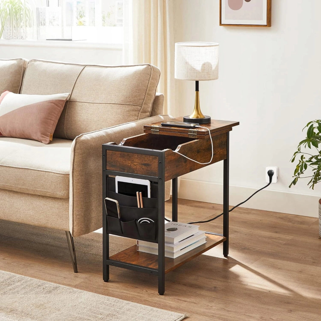 Tavolino laterale in stile loft rustico marrone Valora con ripiano | Vintage