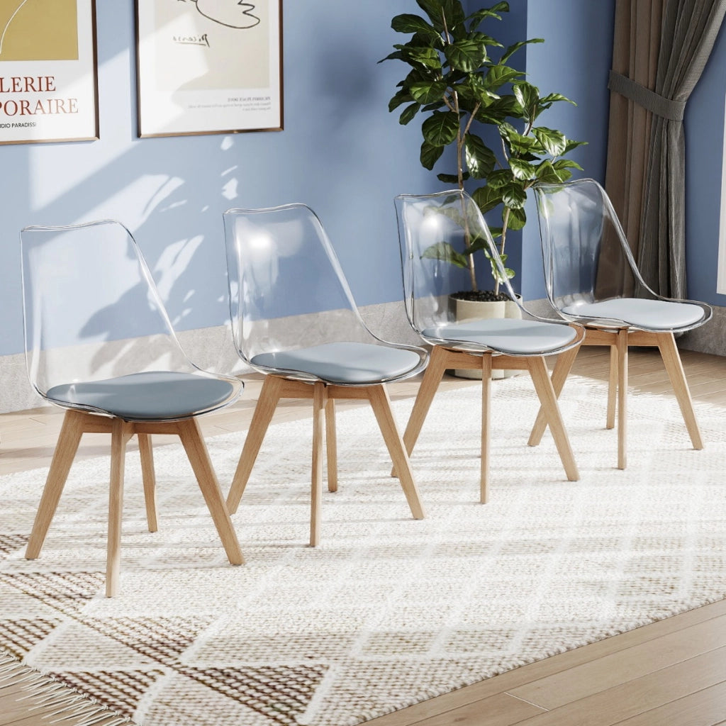 Set sedie da pranzo trasparenti moderne senza braccioli con schienale trasparente, Set sedie in legno massello di faggio Grigio-Sedie da pranzo
