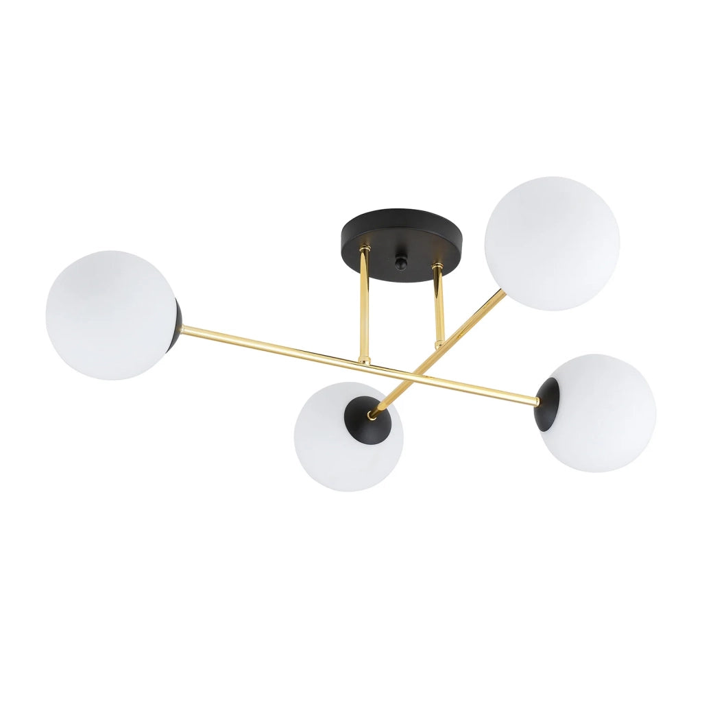 Plafoniera Moderna Magnium 4 Luci In Acciao Nero Oro E Sfere In Vetro Bianco