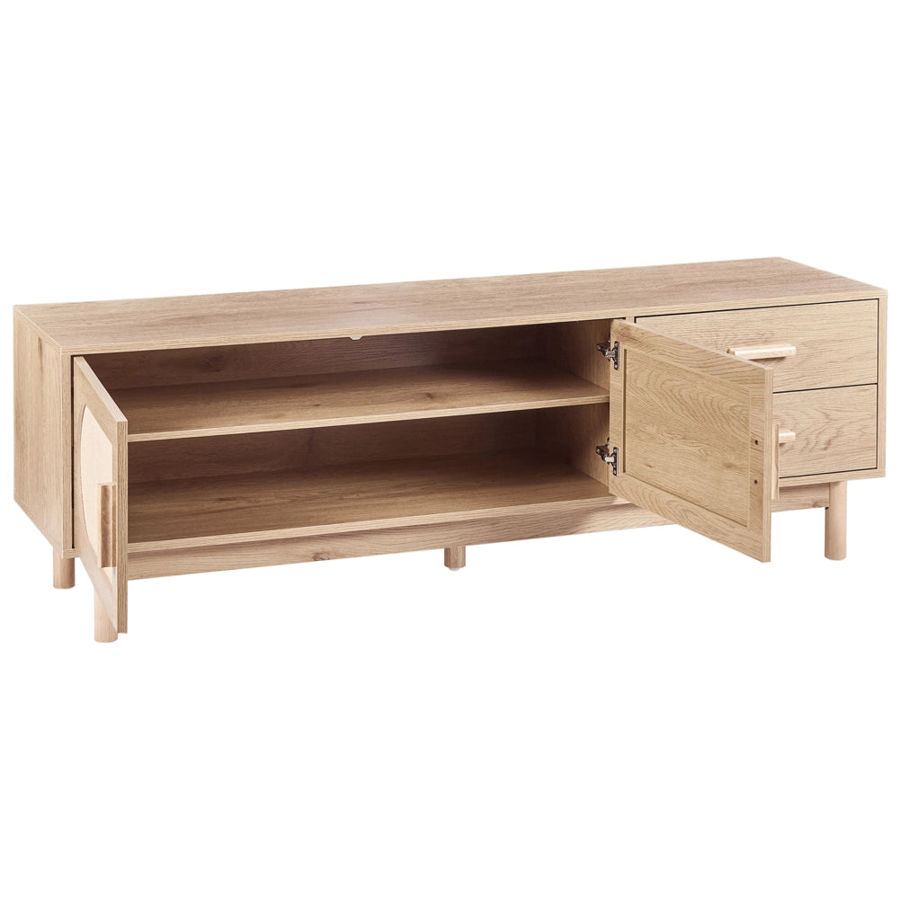 Mobile TV marrone chiaro in truciolato con frontale in rattan TV fino a 70ʺ Gambe in legno Stile boho Soggiorno
