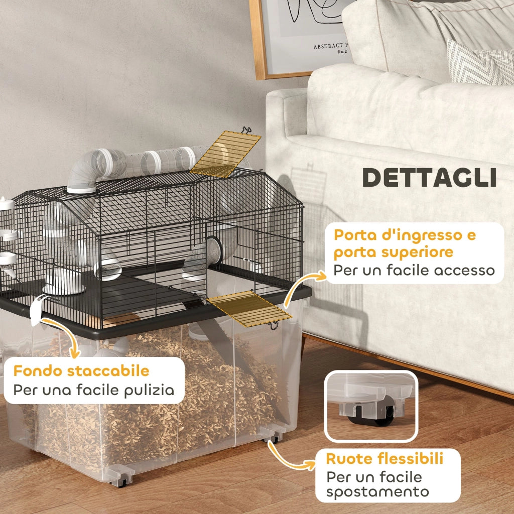 Gabbia per Criceti a 2 Piani 58x43x57 cm con Rampa e Accessori Nero