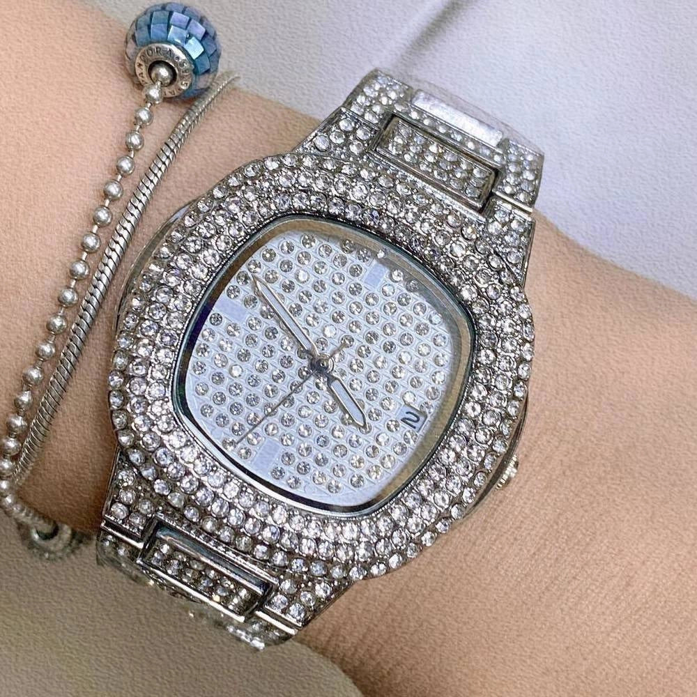 Trade Shop - Orologio Polso Zcc Donna Quarzo Acciaio Analogico Moda Brillantinato Data Silver -