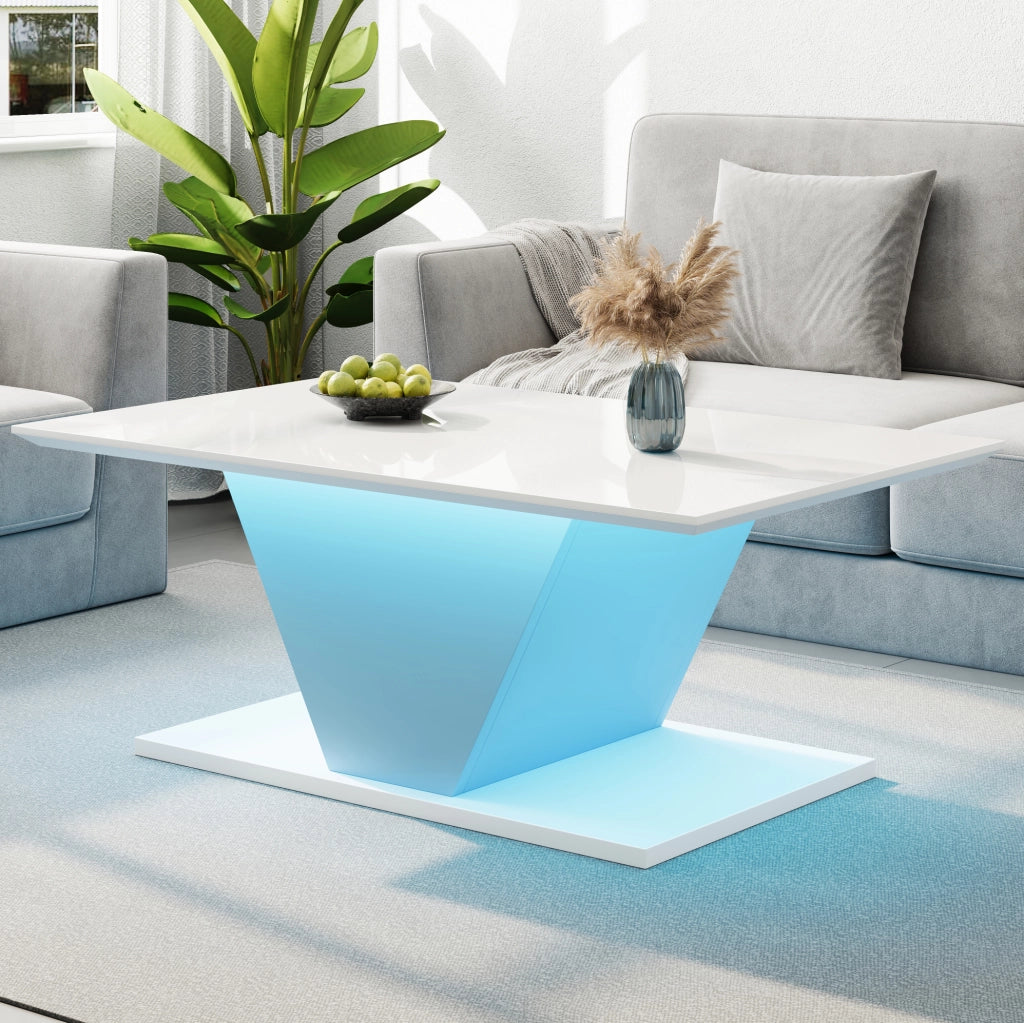 Tavolino da caffè bianco con LED USB, design a V, 100x50x46 cm