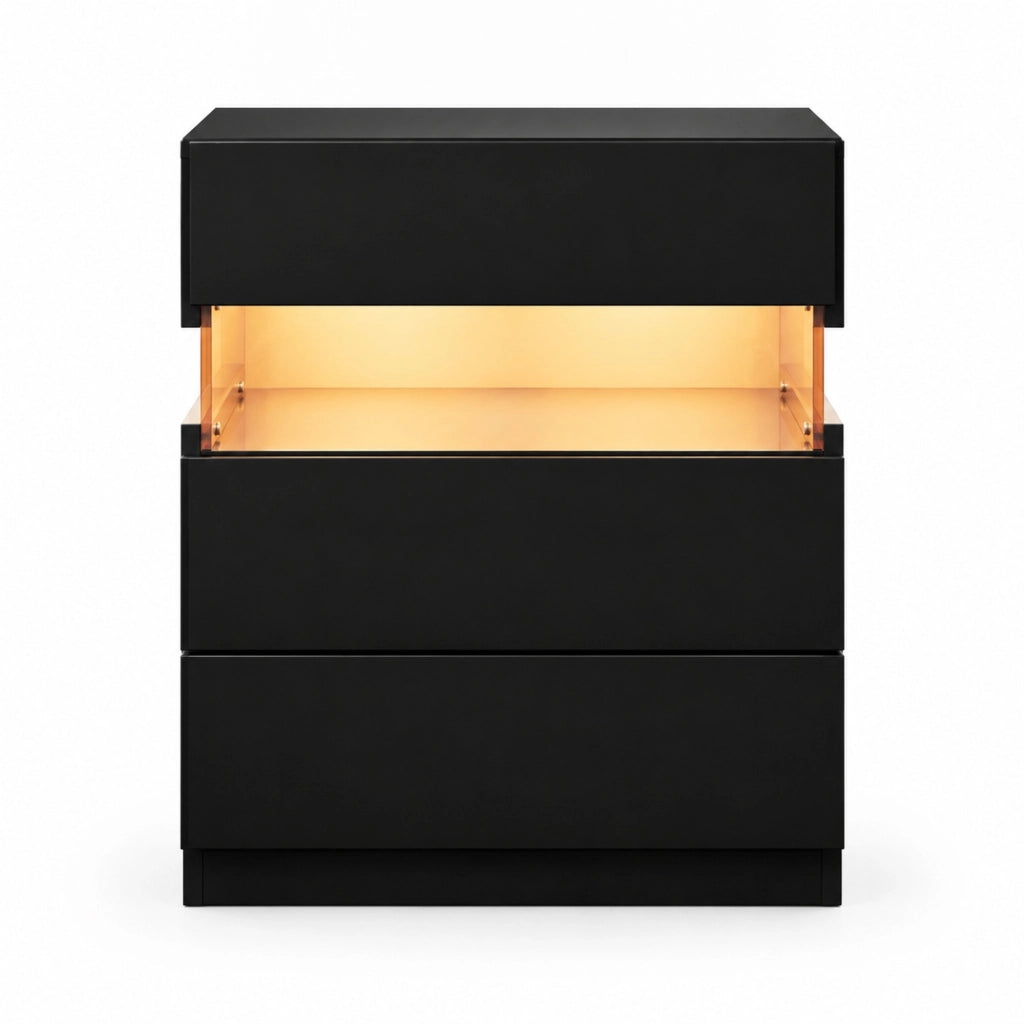 Comodino LED nero con 3 cassetti e pannello acrilico