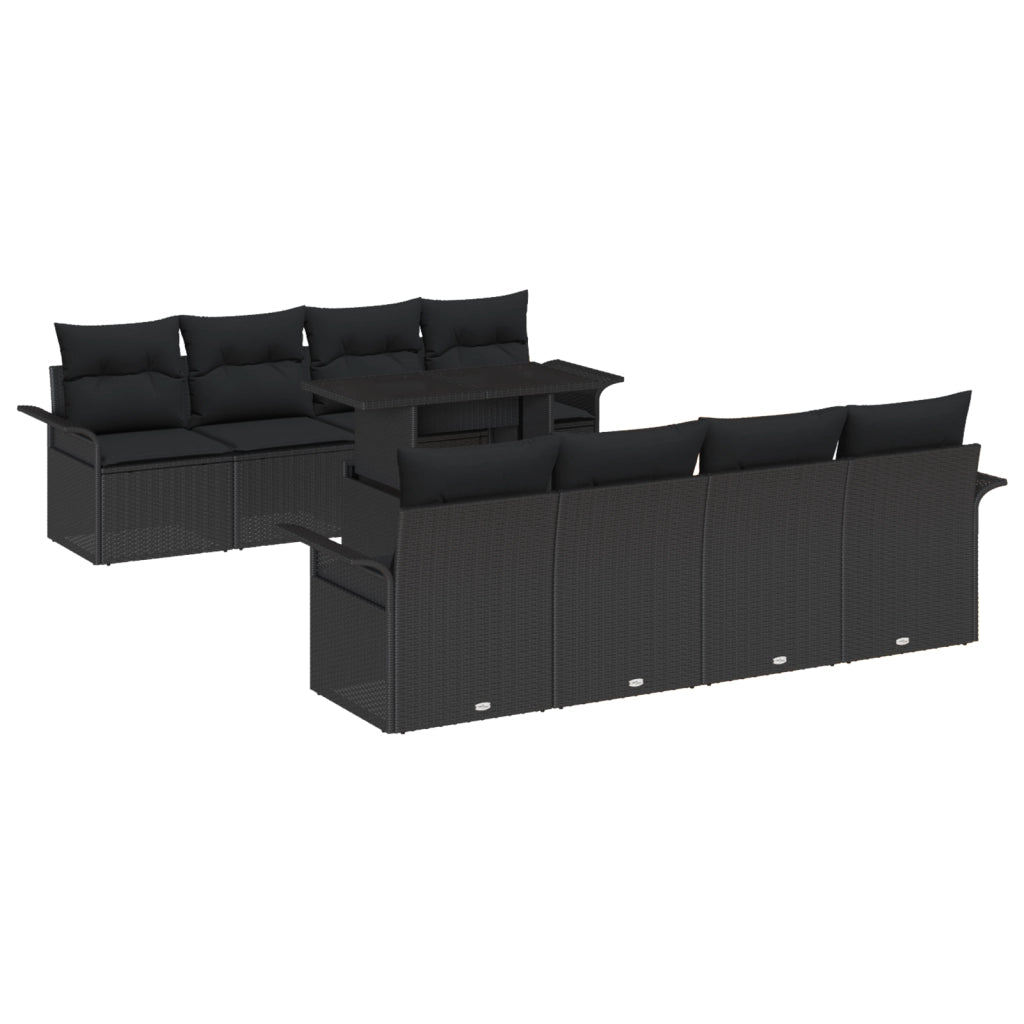 Set di Divano da Giardino 9 Pezzi con Cuscini Nero Polyrattan