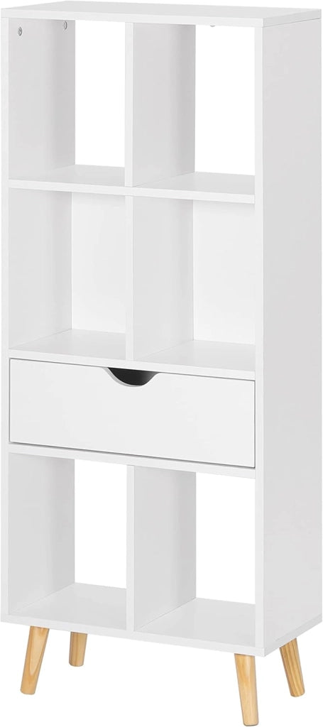Libreria Moderna Bianca Scaffale Espositore a 6 Cubi Mobile Autoportante per Soggiorno con 1 Cassetto Gambe in Legno Bianco