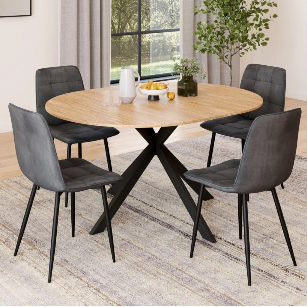 Tavolo da Pranzo Rotondo allungabile Alix 110-150 cm e 4 sedie Mila in Velluto Grigio Scuro