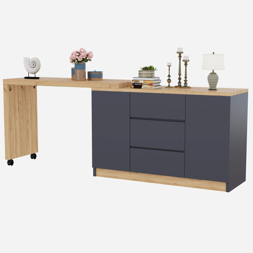 Scrivania pieghevole multifunzionale con 2 ante e 3 cassetti su ruote con freno in grigio quercia 120 × 50 × 76,5 cm