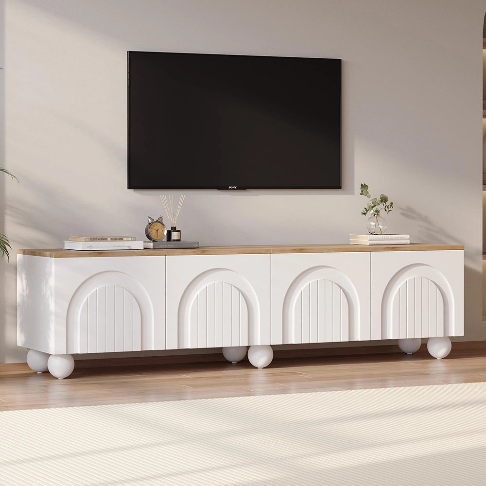 Mobile TV 180x40x45cm - Xylo - 4 Ante, 6 Piedi Sferici, Legno e Bianco, fino a 80"