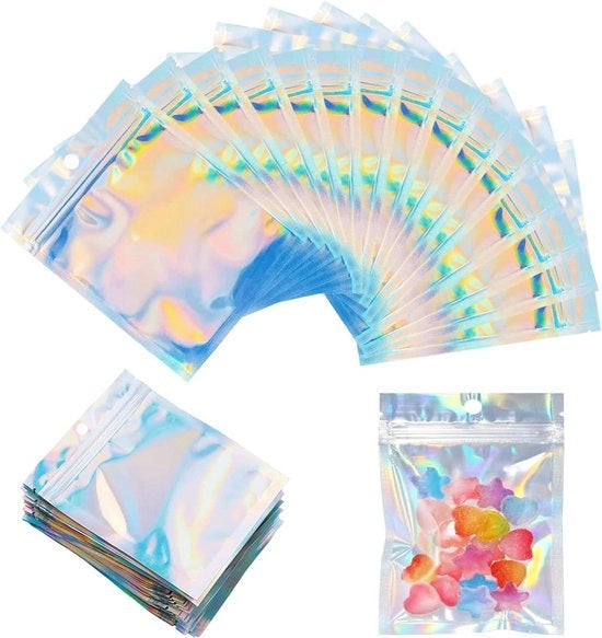 100 Sacchi Holografici Versatili per Conservazione di Caffè, Caramelle, Erbe, Cibi, Piccoli Dolci e Gioielli, Sacchi di Separazione con Sigillatura a Calore (Argento 7,5 * 10cm) Sacchetti Congelabili
