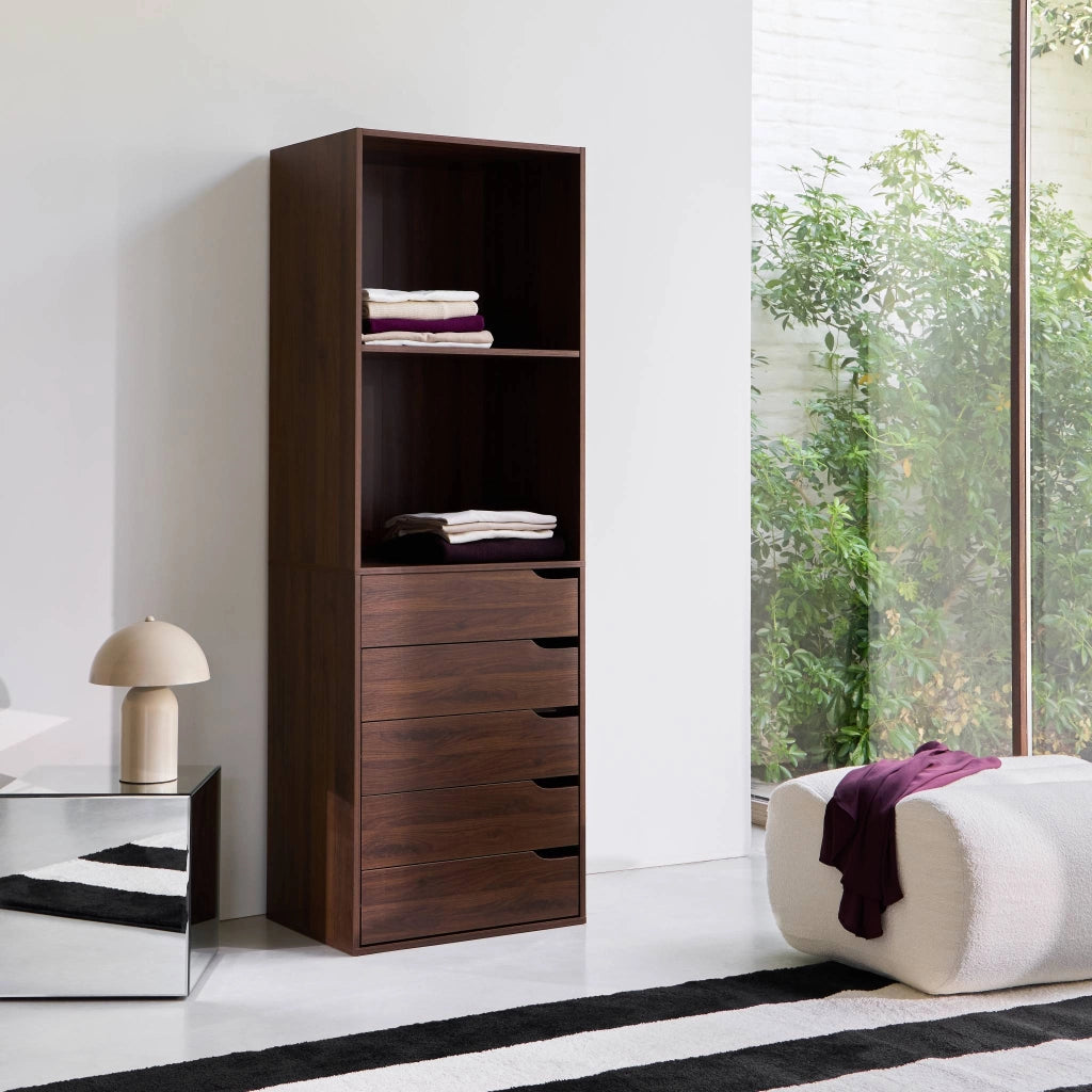 Modulo guardaroba decorazione legno 5 cassetti 2 ripiani, noce