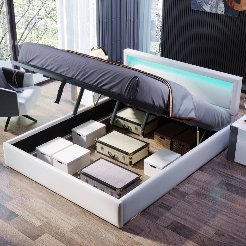 Letto imbottito 140x200 cm con contenitore; rete a doghe e luce LED bianca; bianco in PU