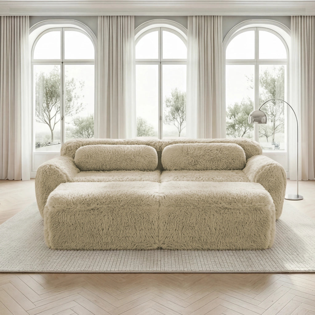 Divano Modulare 2 Posti con 2 Pouf; senza Montaggio; Design Avvolgente; in Peluche; Cachi Chiaro