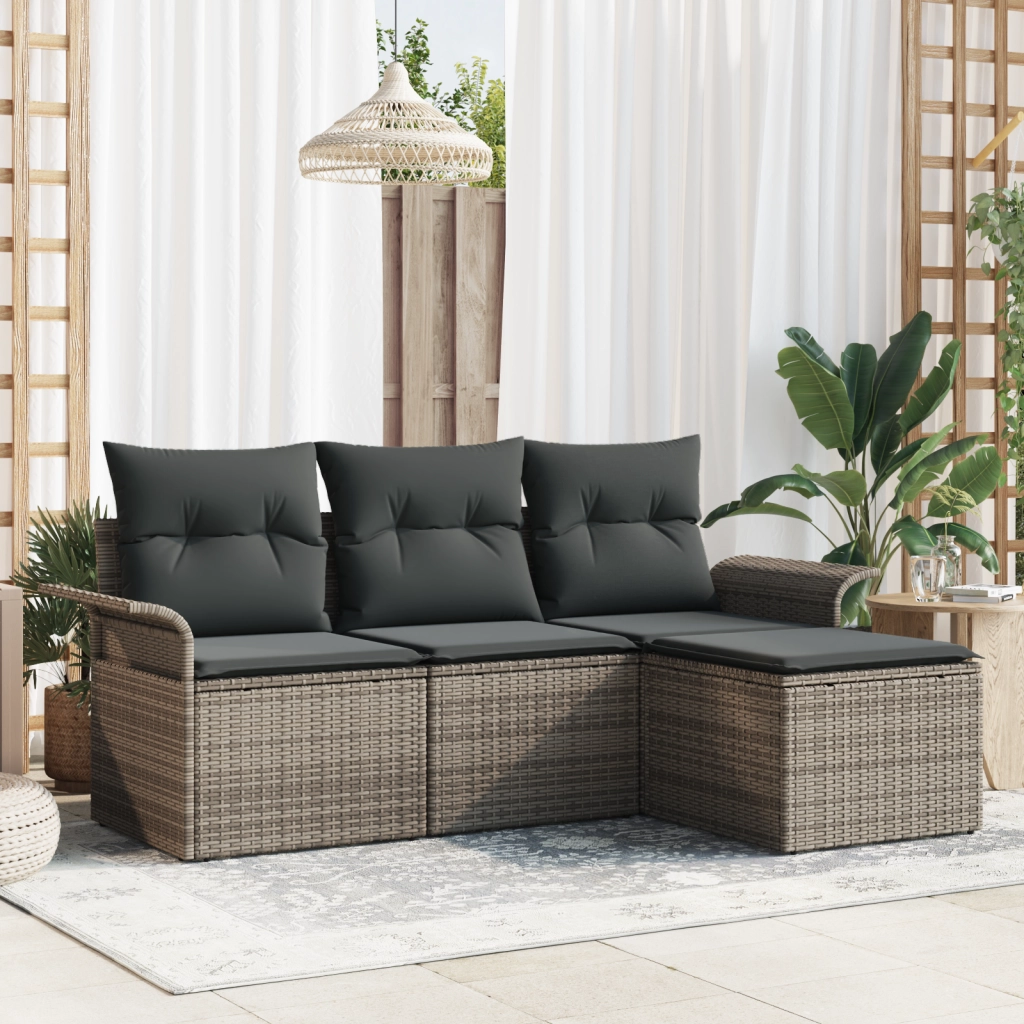 Set di Divano da Giardino 4 Pezzi con Cuscini Grigio Rattan