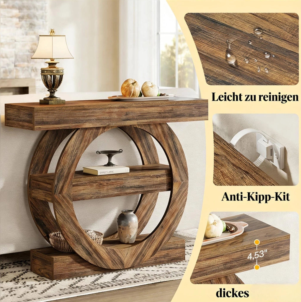Tavolo consolle rustico a 3 ripiani in legno, 105 cm