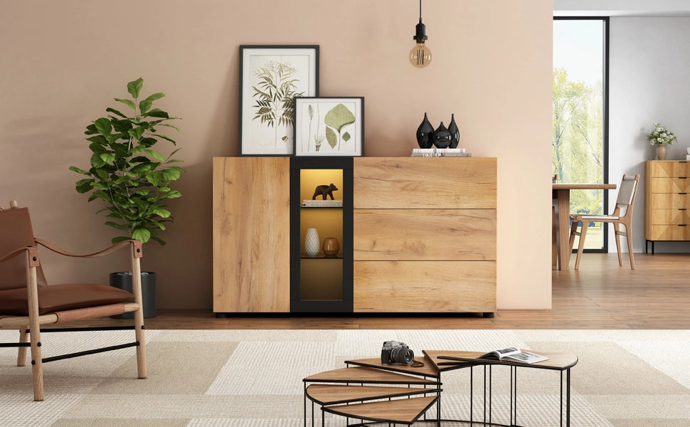 Credenza Moderna 140 cm Mobile Buffet Nero e Marrone con 3 Cassetti e Luci LED