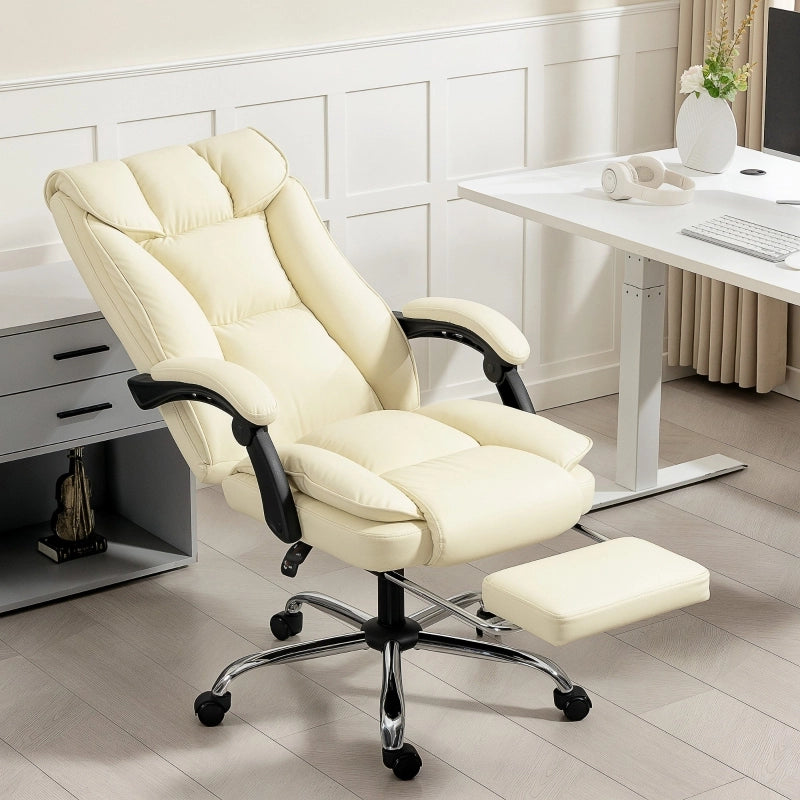 Sedia da ufficio ergonomica girevole con poggiapiedi, schienale reclinabile e ruote in pelle sintetica beige