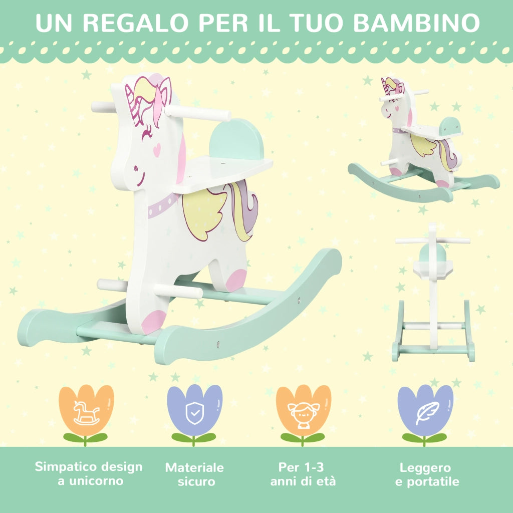 Cavallo a Dondolo per Bambini 1-3 Anni con Maniglie, Schienale e Pedali in MDF, 68L x 27P x 47.5A cm, Multicolore