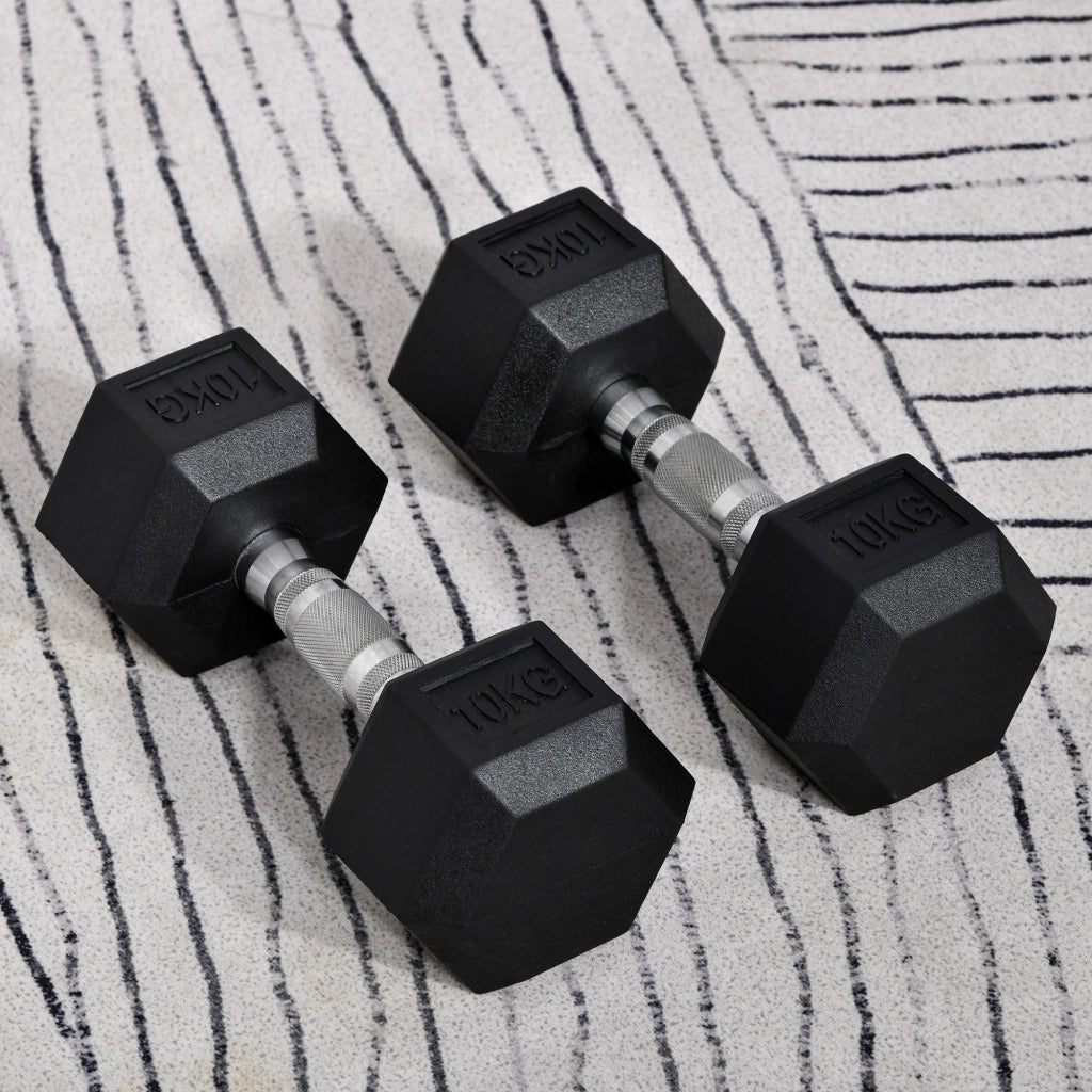 Set manubri 2x10 kg con barra di collegamento metallo testa esagonale ¨C zephmum ¨C Nero Argento