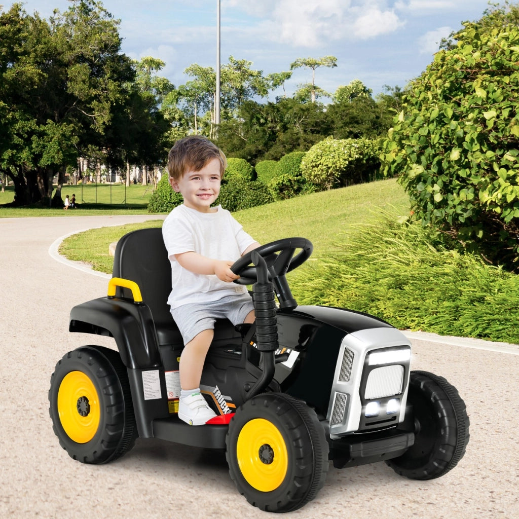 Trattore giocattolo elettrico con 3 marce luci led musica clacson, Trattore con rimorchio 12 v per bambini Nero-Macchinine giocattoli