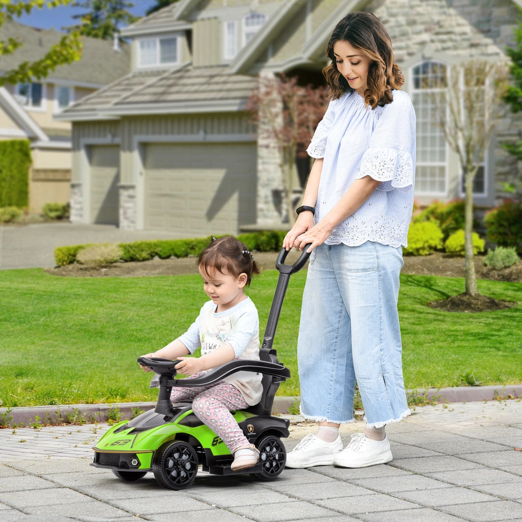 Lamborghini Macchinina per Bambini 2 in 1 con Maniglione e Barriera di Sicurezza, Volante e Clacson, Auto per Bambini in PP e Metallo, 86.5x40x89.5 cm, Verde e Nero