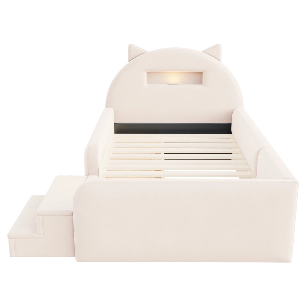 Letto per bambini 90 × 200 cm con testiera a orecchie, 4 cassetti, luce notturna et USB, senza materasso, beige