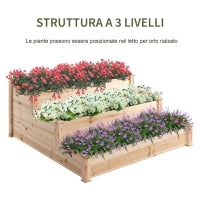 Letto per Orto Rialzato a 3 Livelli in Legno Naturale, Fioriera Rialzata da Esterno per Piante, 120x120x56cm