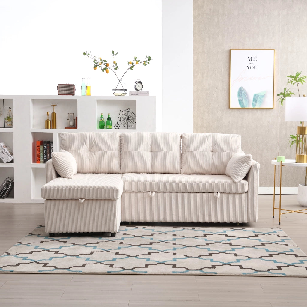 Divano letto angolare convertibile con contenitore, penisola reversibile e cuscini in corduroy beige 206 × 108 × 66-88 cm