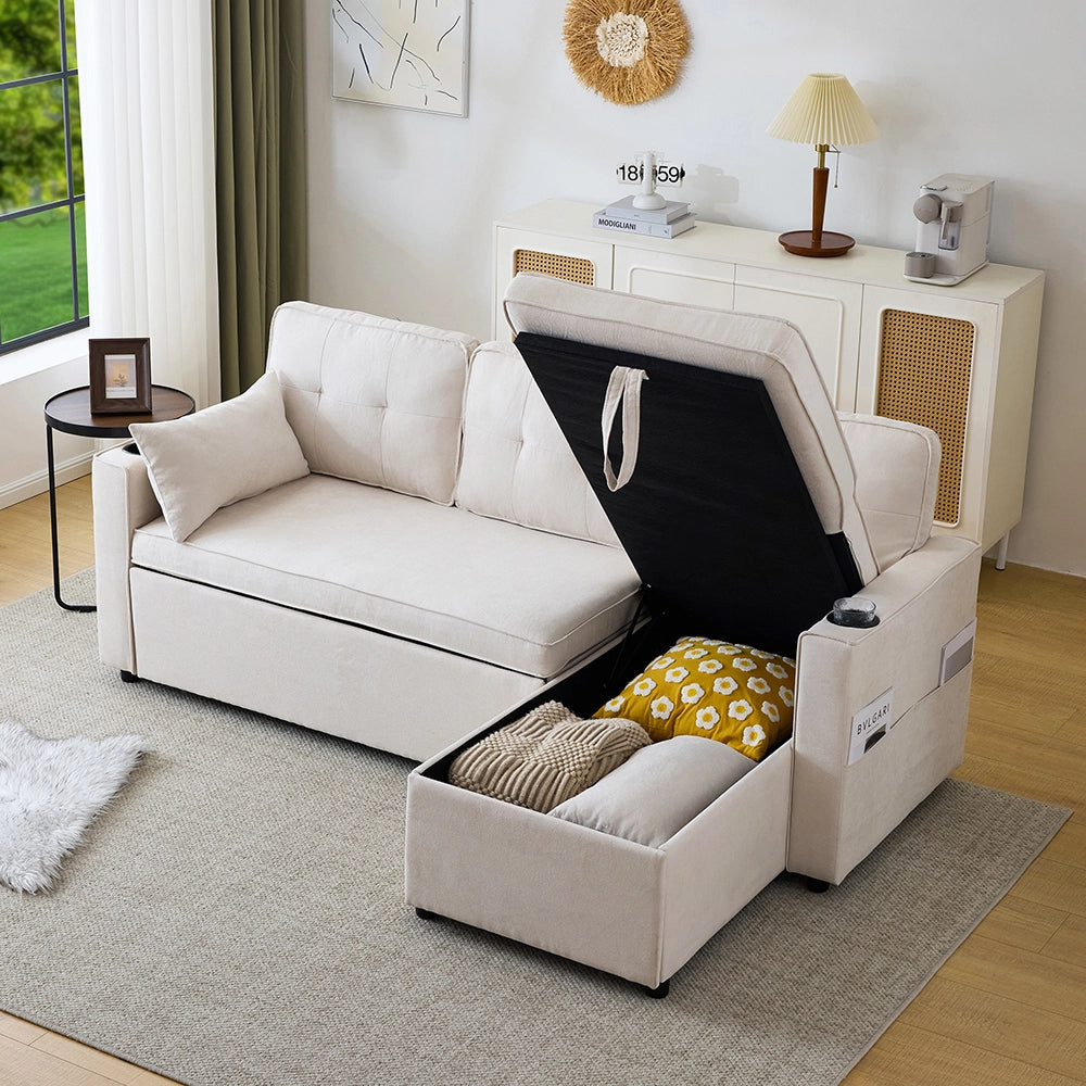 Canap?? letto angolare 3 posti - Xylo - Con spazio di archiviazione e porta bevande, colore beige
