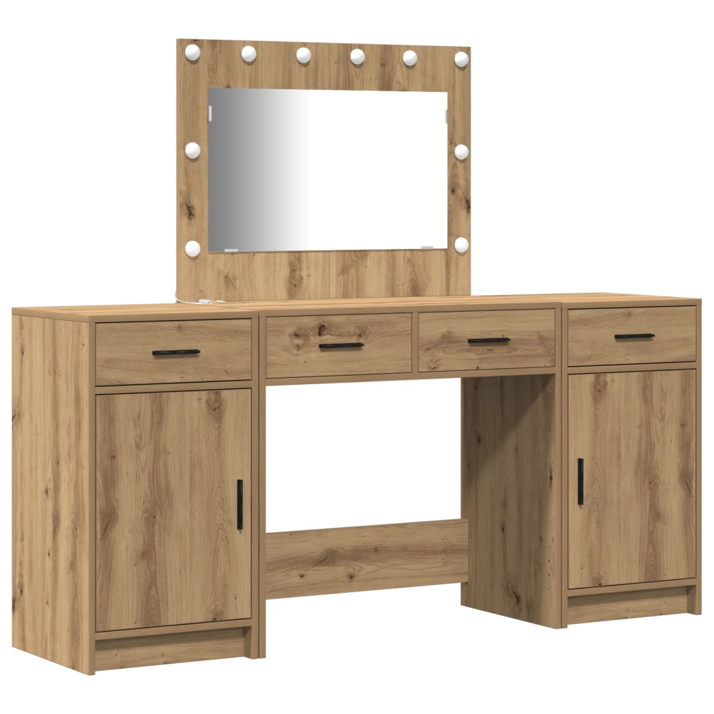 Set di Tavolo da Trucco 3 Pezzi con LED Rovere Artigianale Legno Ingegnerizzato