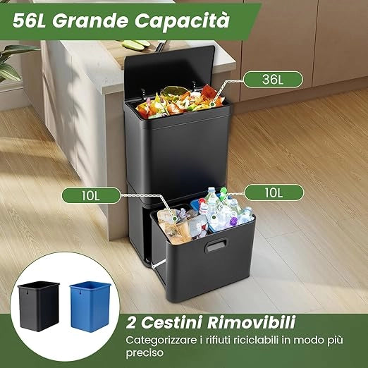 56L Pattumiera in Acciaio Inossidabile, Cestino della Spazzatura con Sensore di Movimento e 2 Contenitori Interni Rimovibili, Coperchio a Chiusura Lenta per Cucina Soggiorno Ufficio (Nero)