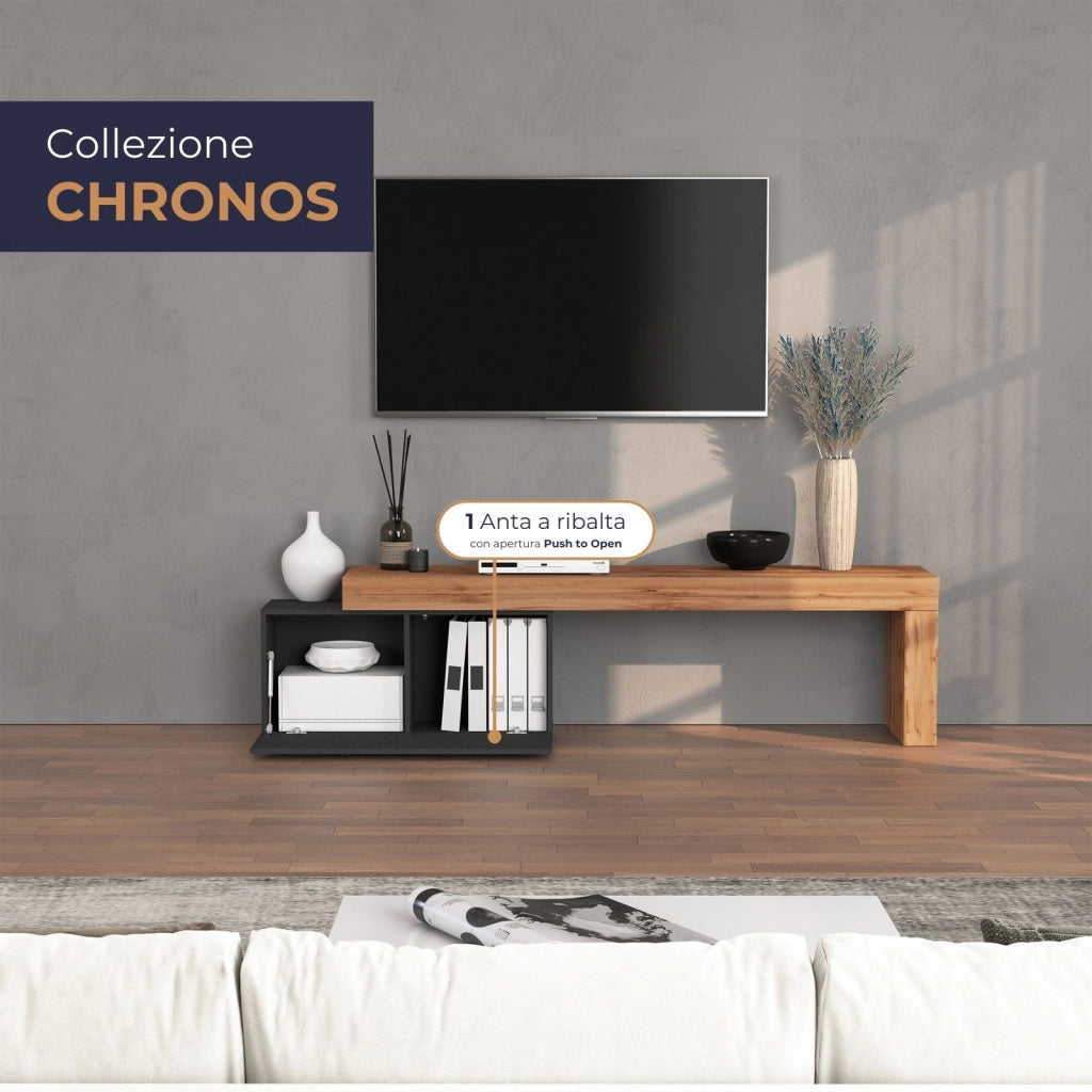 WHOUS Mobile porta tv Chronos estensibile con 1 anta a ribalta antracite/rovere 180/260x40x51 cm