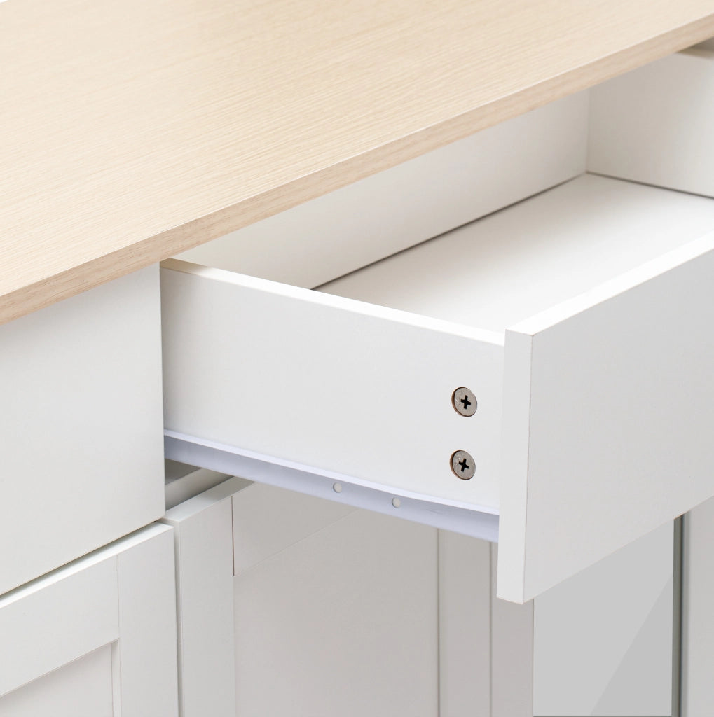 Credenza 120x37x80 cm con 2 cassetti; 4 ante e ripiani regolabili; MDF bianco e colore legno