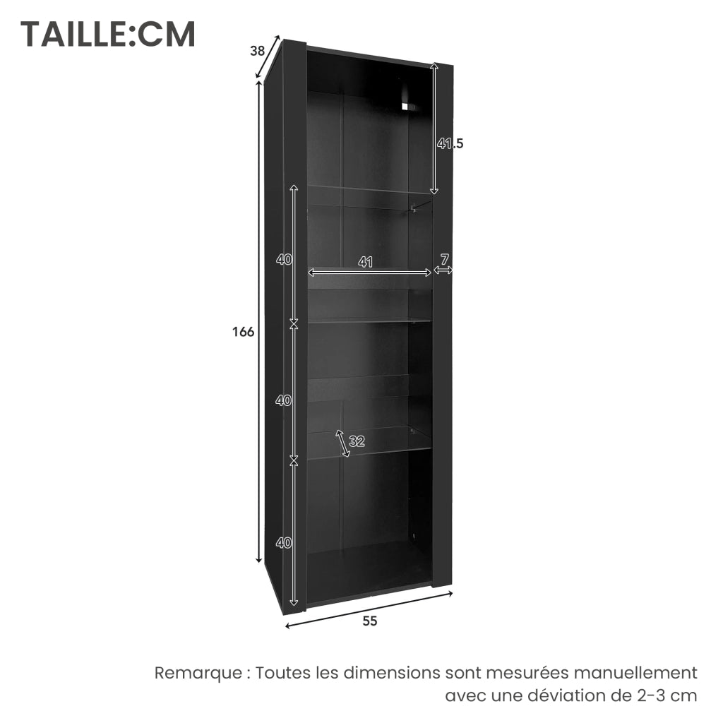 Vetrina con LED e 3 ripiani in vetro, pannelli frontali lucidi, per soggiorno, in truciolato, nero, 55 × 38 × 166 cm