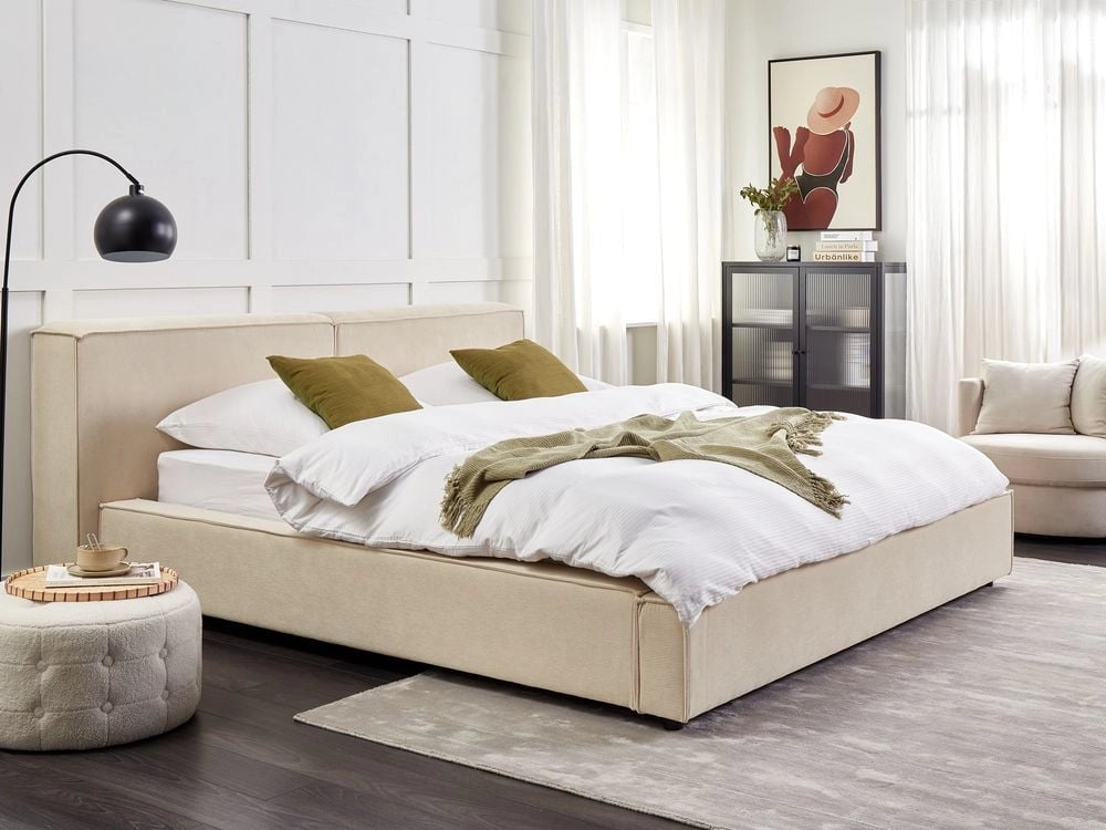 Letto matrimoniale in velluto a coste con struttura a doghe beige 180 x 200 cm stile classico camera da letto