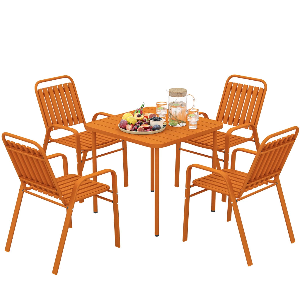 Tavolo da giardino con 4 sedie impilabili ¨C zephmum ¨C piano a doghe 80 cm, struttura in acciaio, arancione