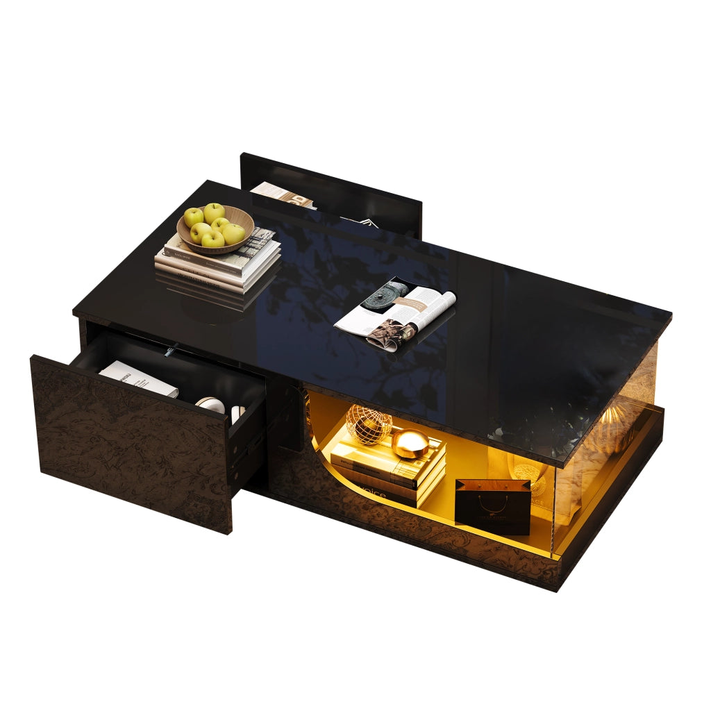 Tavolino da caffè con 2 cassetti e LED; per soggiorno; in MDF e vetro; 100 x 50 x 30 cm; nero
