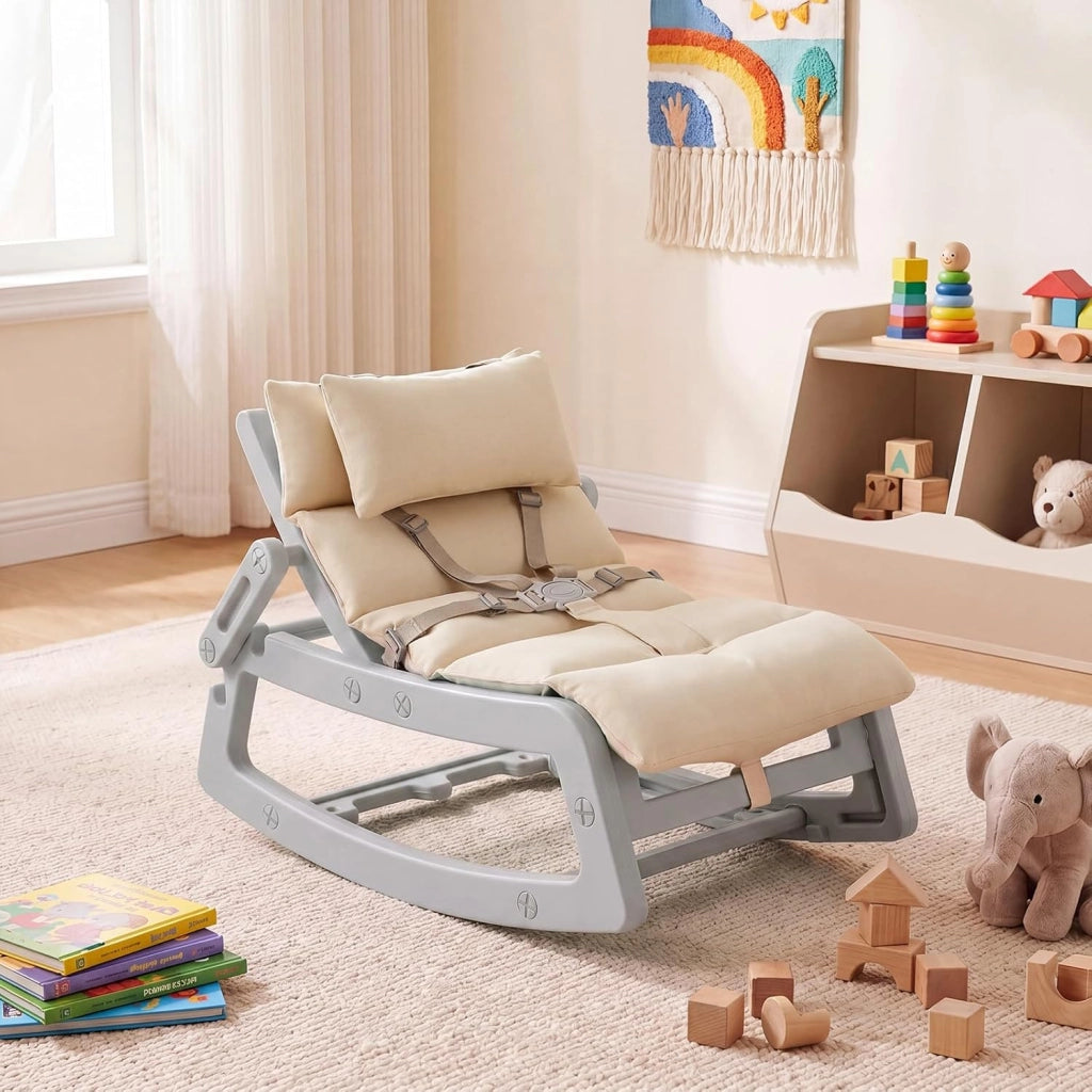 Sedia a Dondolo Bambini, Schienale Regolabile, con Cucino (Grigio) | Sdraietta a Dondolo, Poggiatesta Rimovibile e Cintura 5 Punti, Portata 80 kg, per Bambini 6+ Mesi