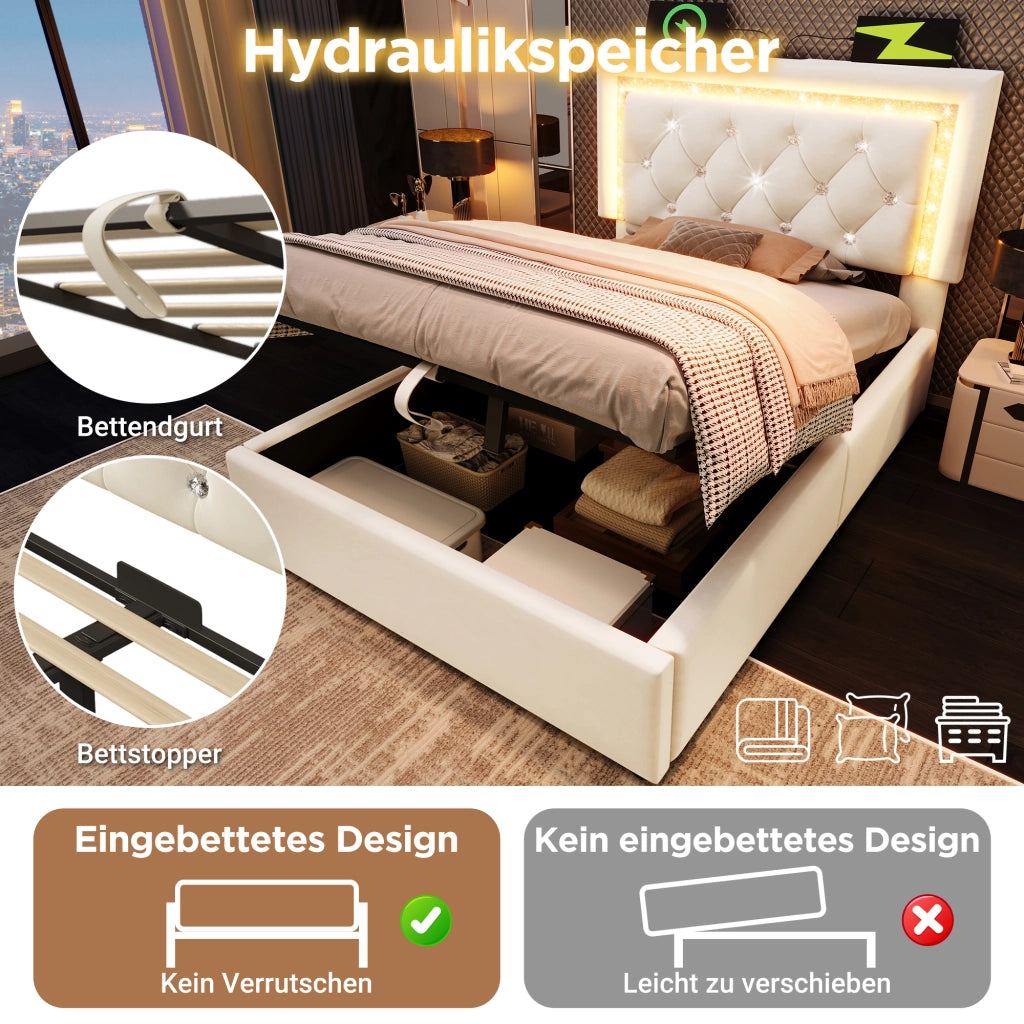 Letto imbottito idraulico con LED e USB 90x200 cm velluto beige