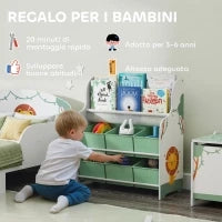 Scaffale Portagiochi con 6 Cassetti in Tessuto e Libreria a 2 Livelli, in Legno e Acciaio, 63x30x71 cm, Verde