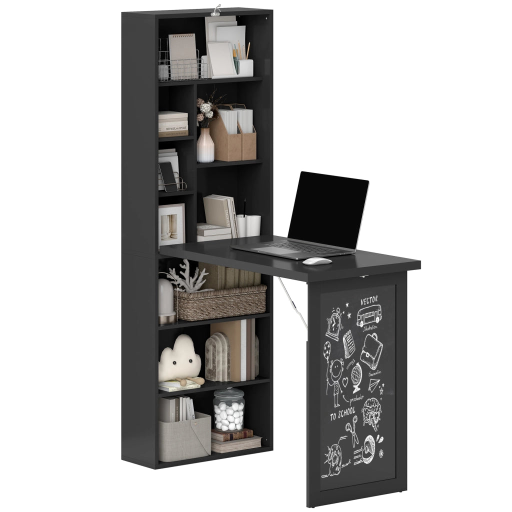 Scrivania Moderna Pieghevole con Libreria e Lavagna, in Legno e Metallo, 98x51x153 cm, Nero