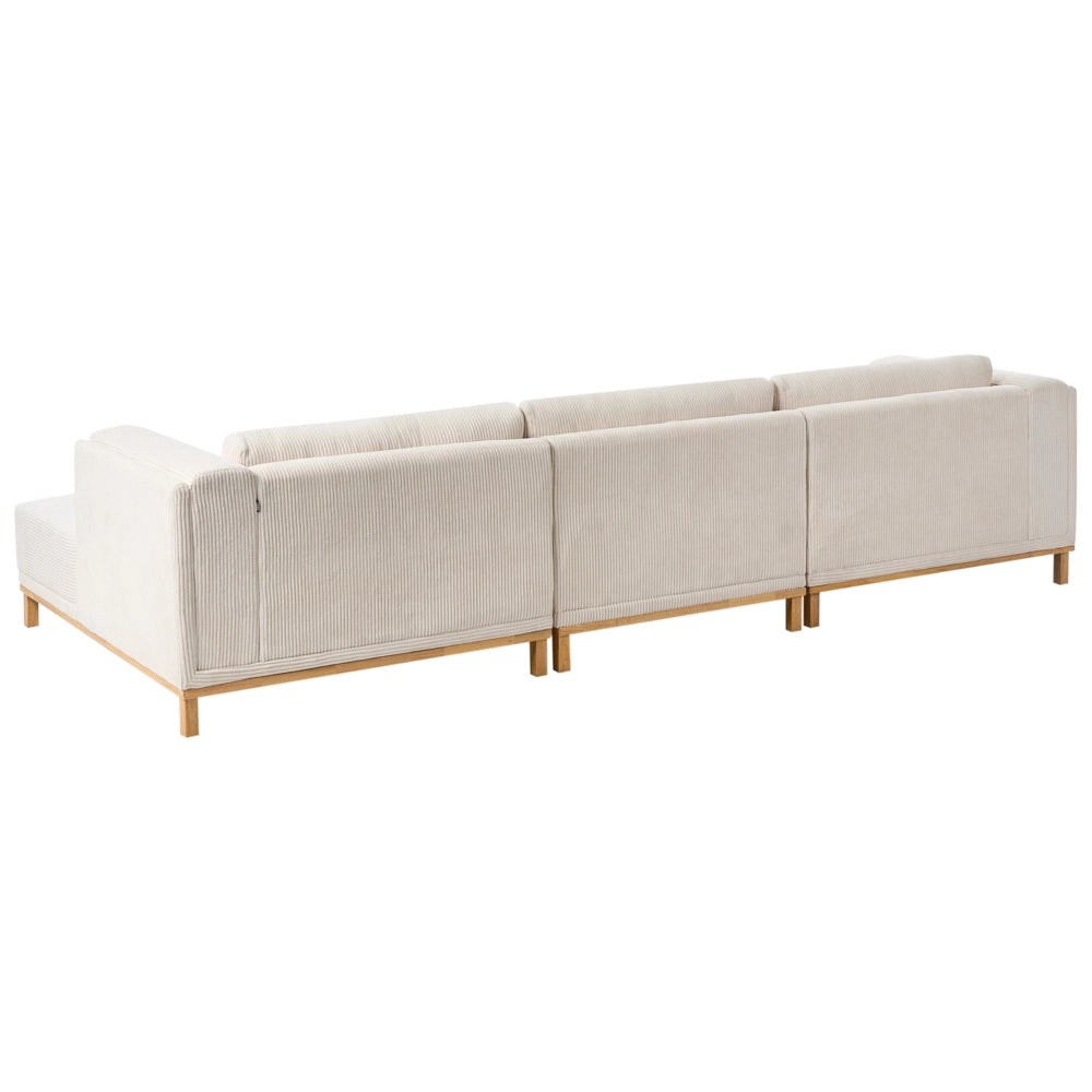 Divano angolare in velluto a 5 posti con braccioli e gambe in legno beige chiaro in stile moderno