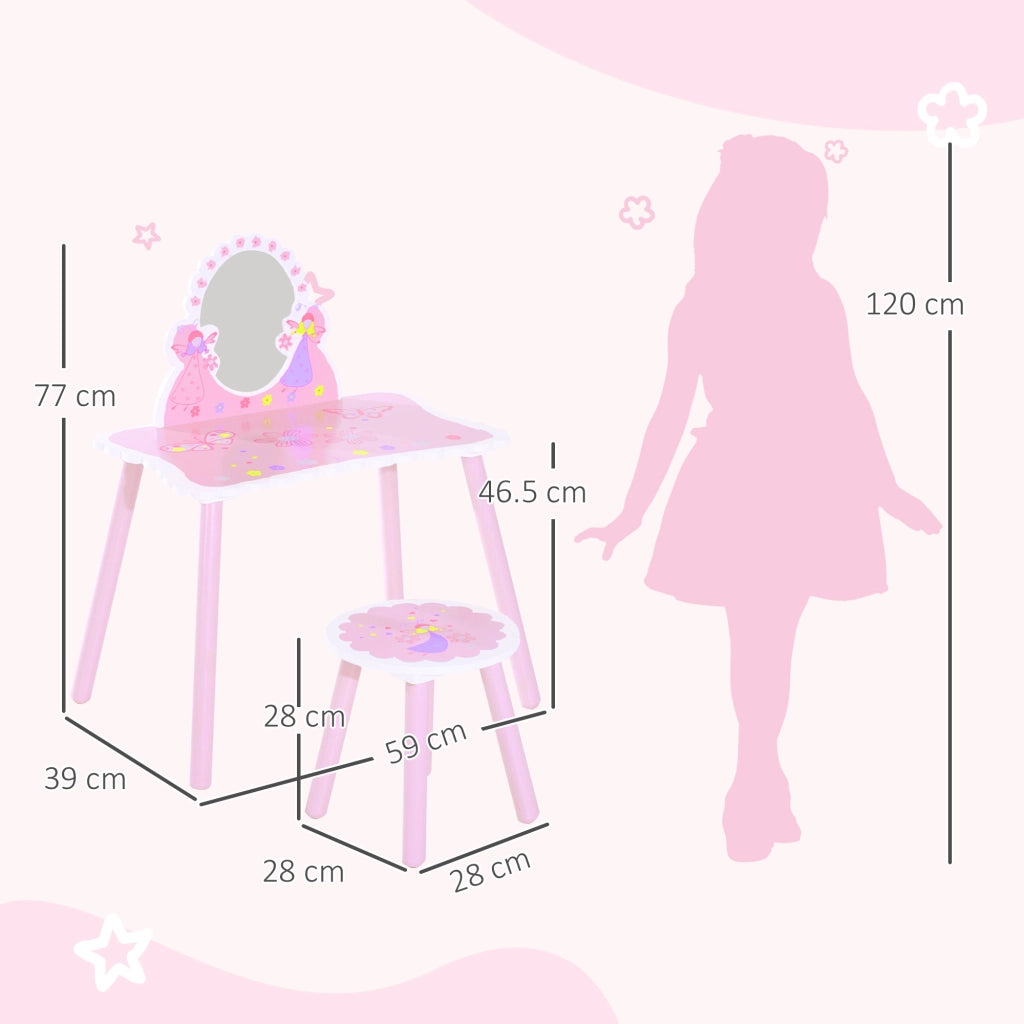 Tavolo da Trucco per Bambine con Specchio e Sgabello ¨C Zephmum ¨C Legno, Rosa