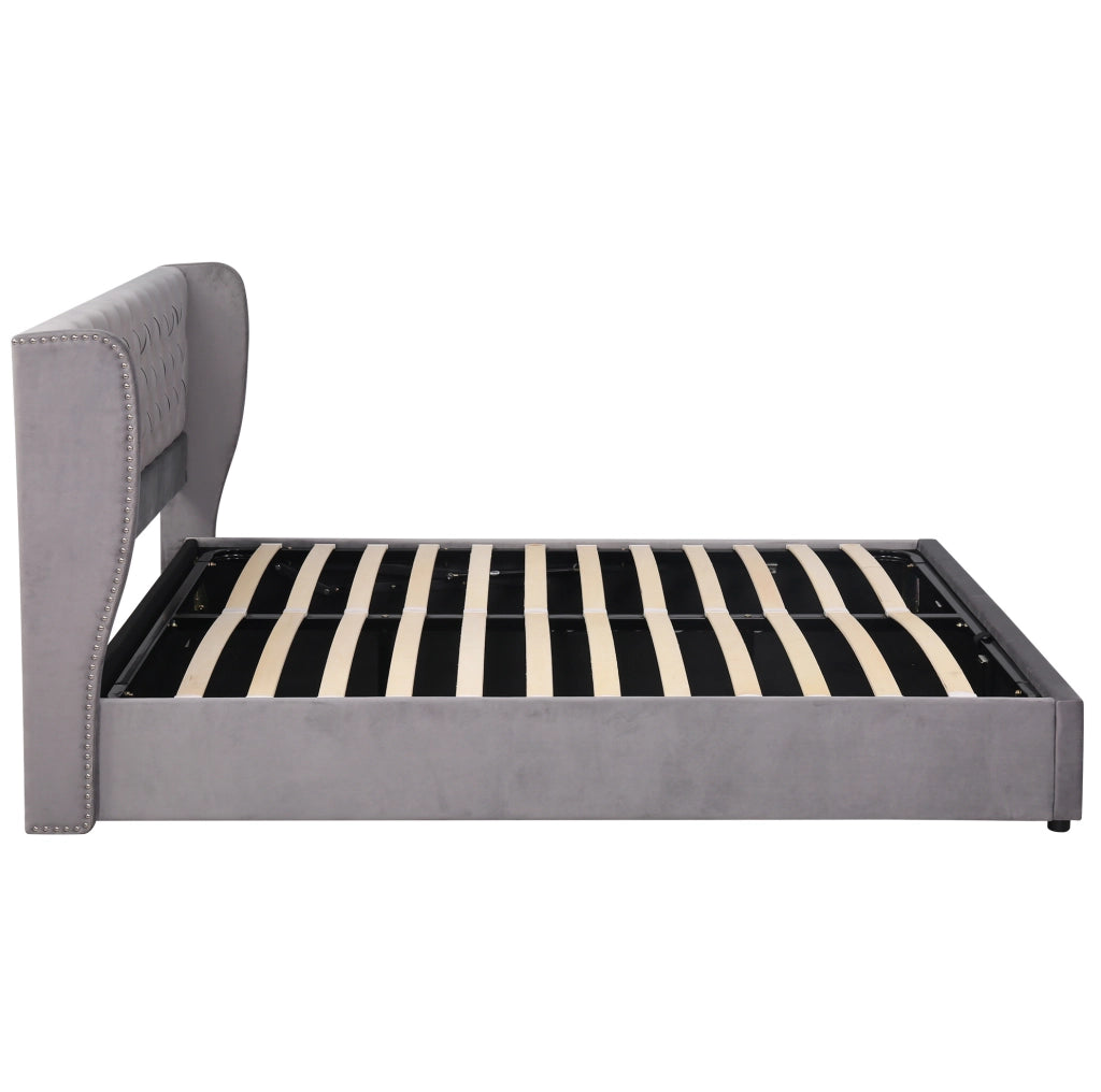 Letto matrimoniale imbottito stile Chesterfield 180x200 cm in velluto grigio con contenitore